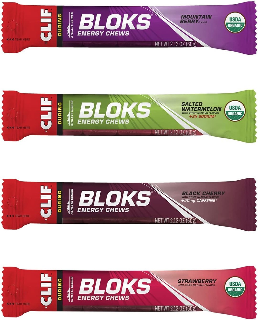 CLIF BLOKS - Energy Chews - 4 maitse sordipakett - GMO-vaba - taimepõhine toit - kiired süsivesikud jalgrattasõiduks ja jooksmiseks - treening snack (2.1 Ounce Packet, 12 Count)