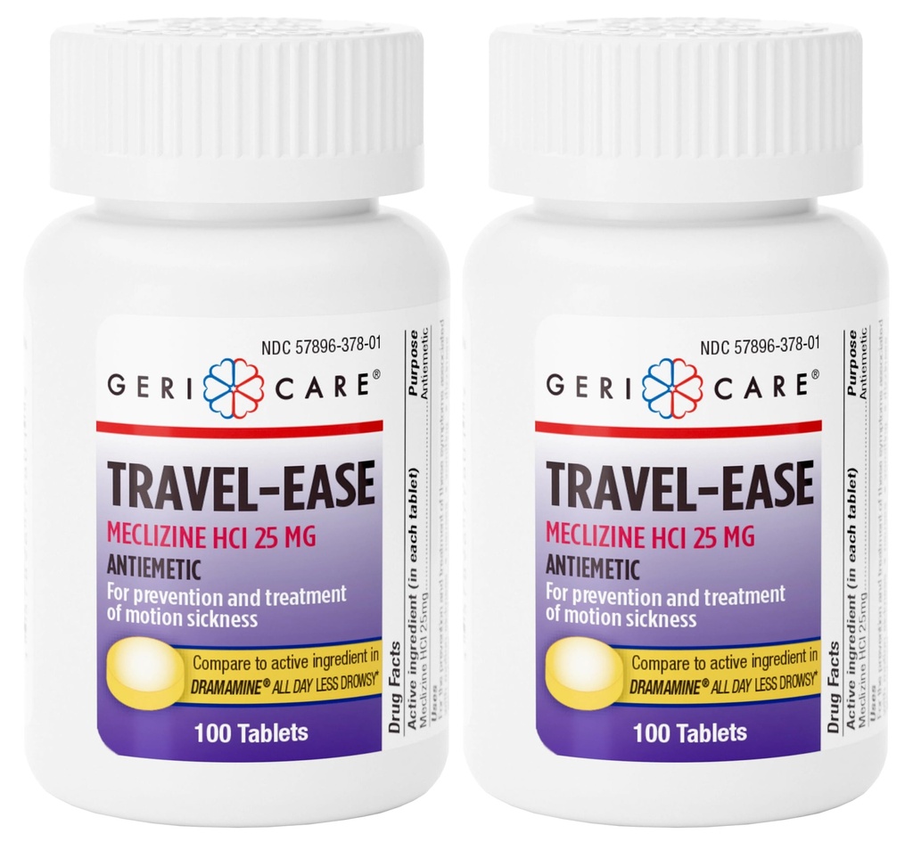GeriCare Meclizine HCI 25mg Antiemetic Travel-Ease Tablets, Prevents and Treats Motion Sickness, Nausea Relief, 100 Count (Pack of 2)
