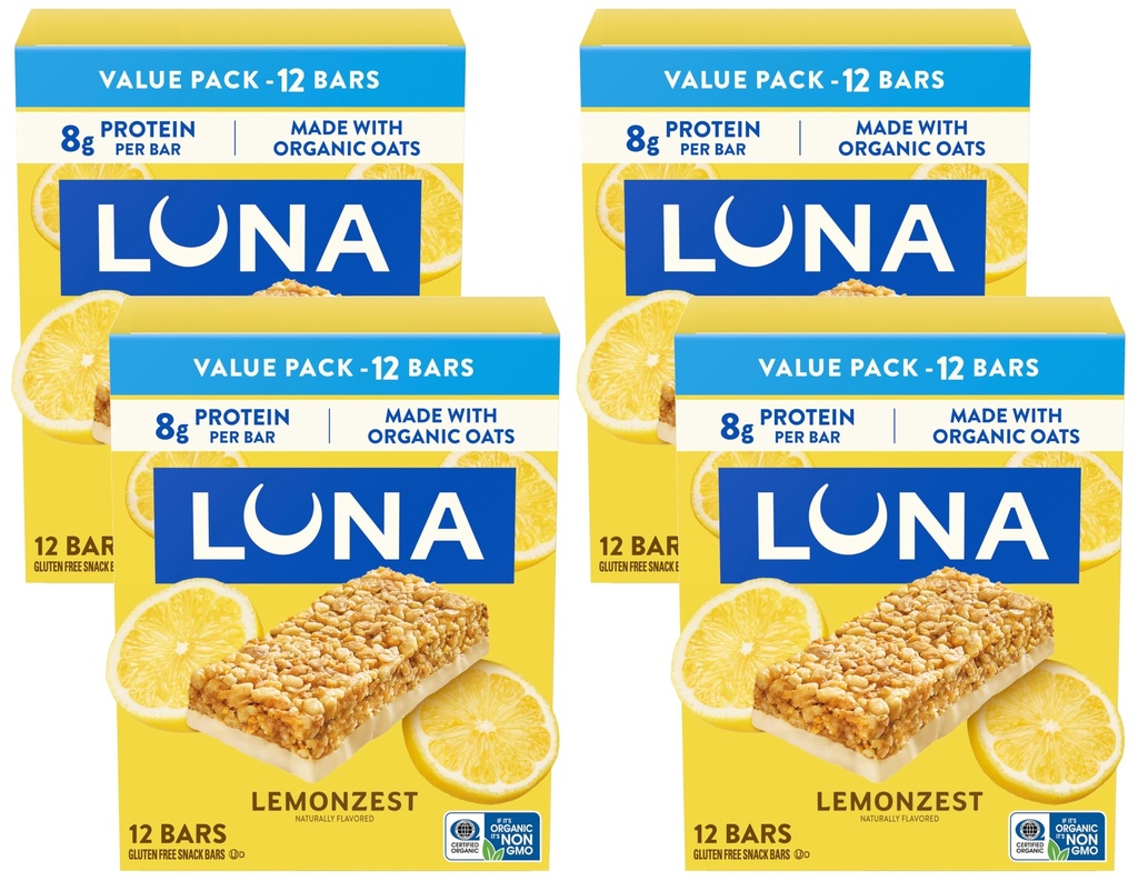 LUNA Bar - LemonZest Flavor - Gluten Free Snack Bars - Non-GMO - Protein Bars - Made with Organic Oats - Value Pack 12 Count (Pack of 4)