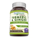 Pure Naturals Turmeric Curcumin & Ginger with BioPerine 2250 mg Per Serving 180 Veggie Capsules | Non-GMO | Gluten Free | Made in USA