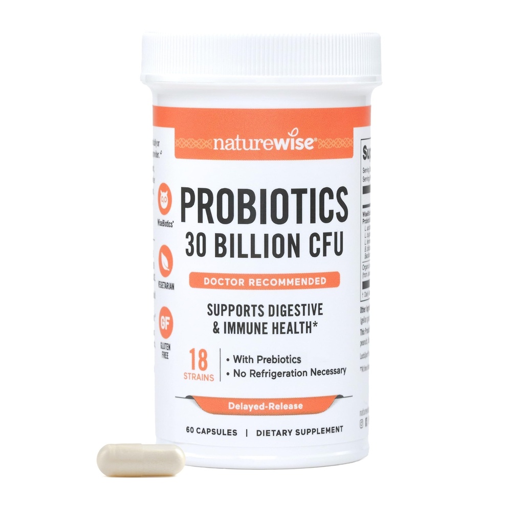 NatureWise Max Probiotics for Women & Men - 30 Billion CFU 18 Strains With Prebiotics - For Gut & Digestive Health - Delayed-Release Capsules, Gluten Free - 60 Capsules[2-Month Supply]