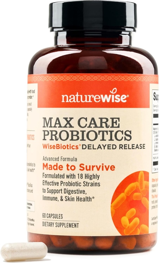 NatureWise Max Probiotics for Women and Men - 30 Billion CFU 18 Strains Prebiotikoekin - Gut & Digestive Health - Kapsula atzeratuak, Gluten Free - 60 kapsulak [2 hilabete]