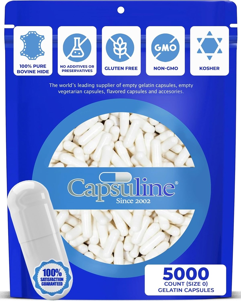Capsuline Цвят Размер 0 Празни капсули от глухарче White/White 5000 Брой .Произведено в Северна и Южна Америка.