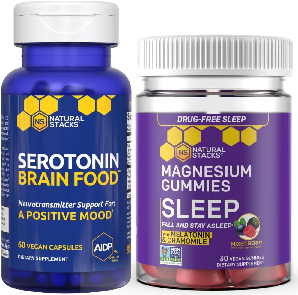 NATURAL STACKS Sleep maşınları Gummies + Serotonin Brain Food Paketi - Keyfiyyət Sleep & Pozitif Mood * - 90 Total Pieces