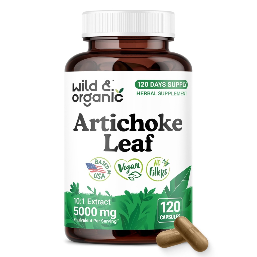 Wild & Organic Artichoke Extract Capsules 500 mg - Liver & Digestive Support - Artichoke Supplement - Cynara Scolymus Leaf Powder - Vegan, No Fillers, Non-GMO - 120 Count