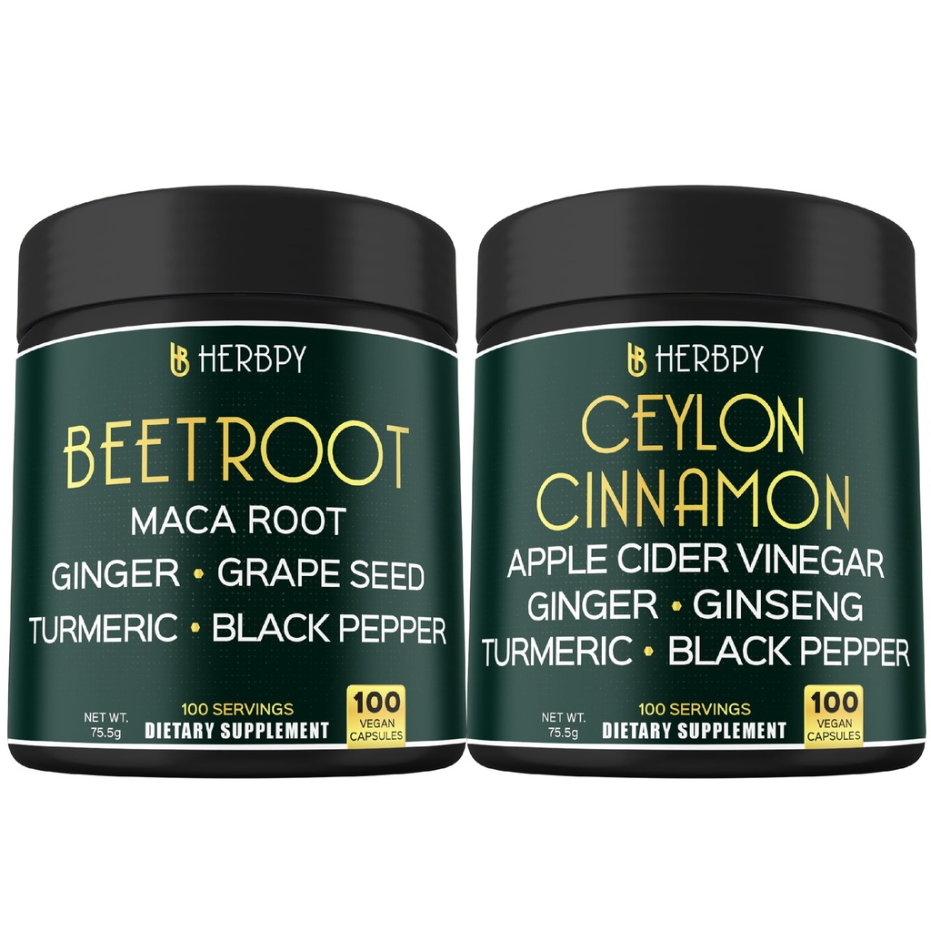 Herbpy Bundle 6in1 Beet Root Capsules 755mg/serving (100 Capsules) & 6in1 Premium Ceylon Cinnamon Capsules 755mg/serving (100 Capsules)