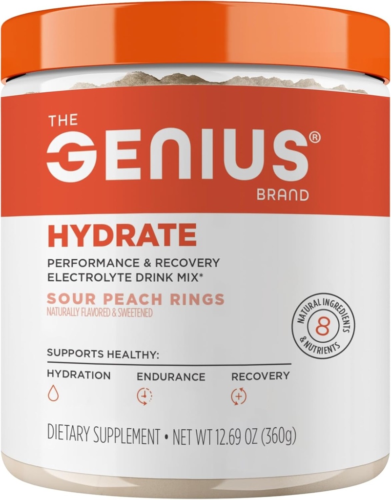 Genius 브랜드 Genius Hydrate - 매일 Hydration 용 Electrolyte 보충 - 코코넛 워터 - Sugar-Free - 8 Essential Minerals & Nutrients - Non-GMO - Sour Peach Rings - 50 서빙