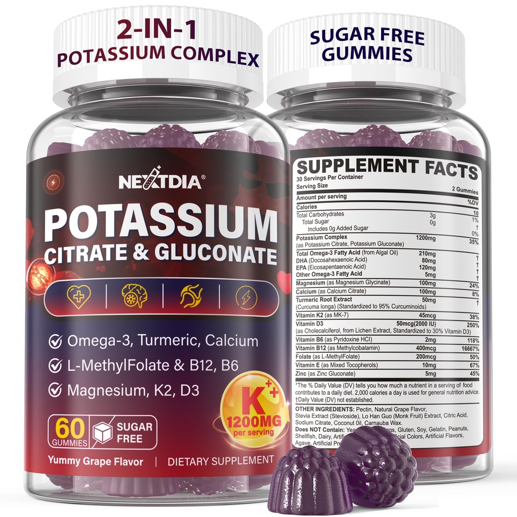Potassium Citrate and Potassium Gluconate Supplement, 1200mg Two Forms of Potassium Gummies, w/Magnesium, Omega-3, Calcium, Vitamin D3 K2 B12 E B6, Folate for Mṵṣḉḷḙ, Nerves, Health Bones, 60Cts