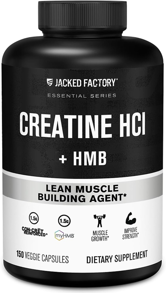 Jacked Factory Creatiini HCL + HMB Kapselit - Synergistinen CON-CRET, myHMB, & D-vitamiini Formula parantaa kasvua, vahvuus, & vähentynyt lihasten jakautuminen - 150 kapselia