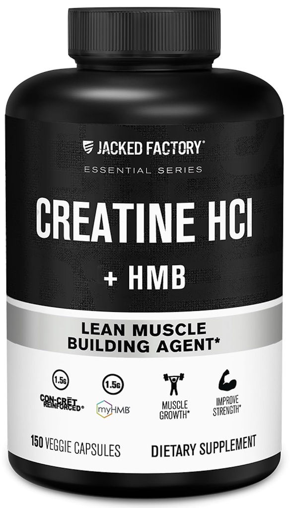 Jacked Factory Creatine HCL + HMB Capsules - Synergistic CON-CRET, myHMB, & Vitamin D Formula for Improved Growth, Strength, & Reduced Muscle Breakdown - 150 Capsules