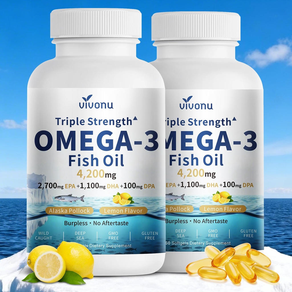 VivoNu Triple Strength Omega 3 Fish Oil - 4200mg, 360 Softgels | Enteric-Coated for No Fishy Aftertaste | Wild-Caught | Third-Party Tested