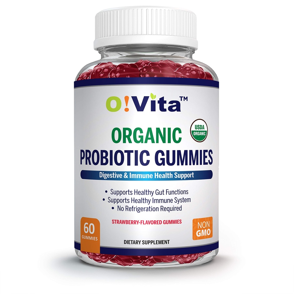 Organic Probiotic Gummies - 5 Billion CFU, Max Strength, Strawberry Flavored, Gut Health and Immune Support for Men, Women and Kids (60 Non-GMO Gummies)