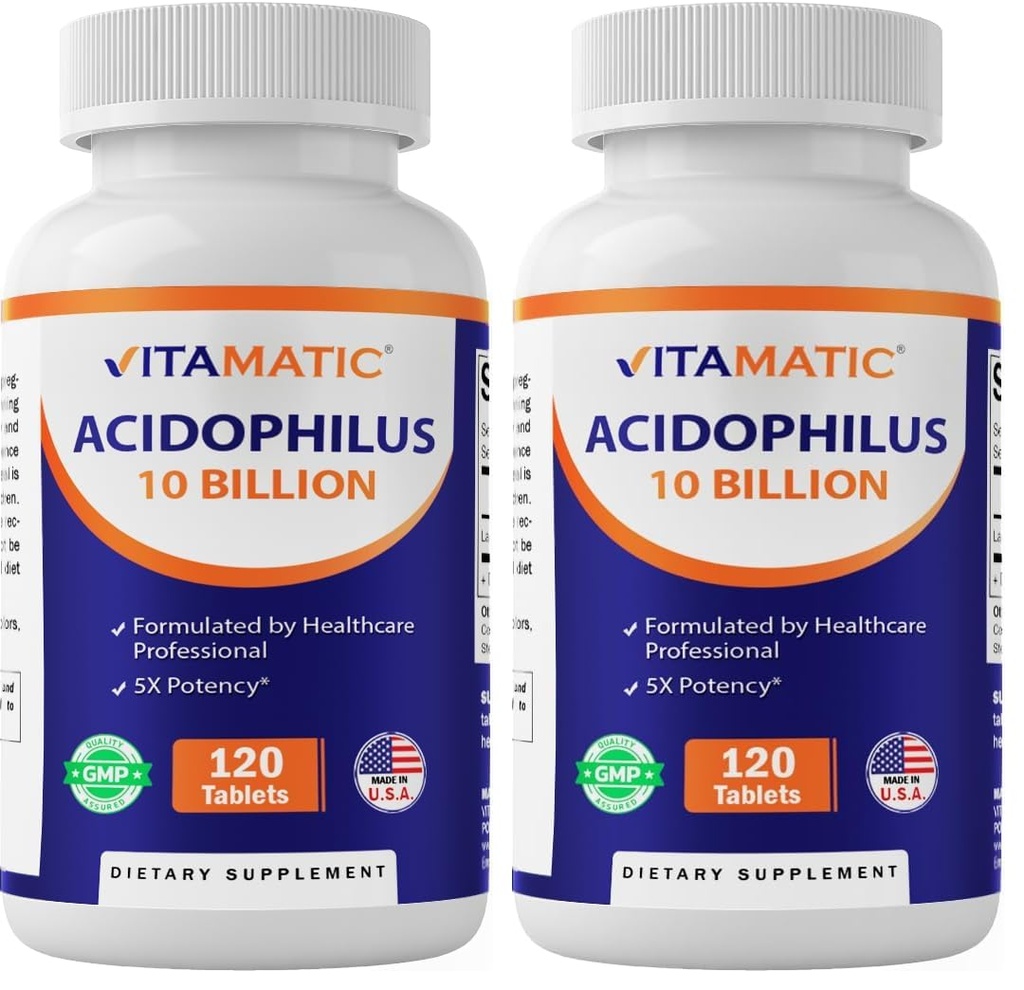 Vitamatic Acidophilus Probiotic - 10 Billion CFU - 5X Potency - Daily Probiotic Supplement, Supports Digestive Health - 120 Tablets (Pack of 2)