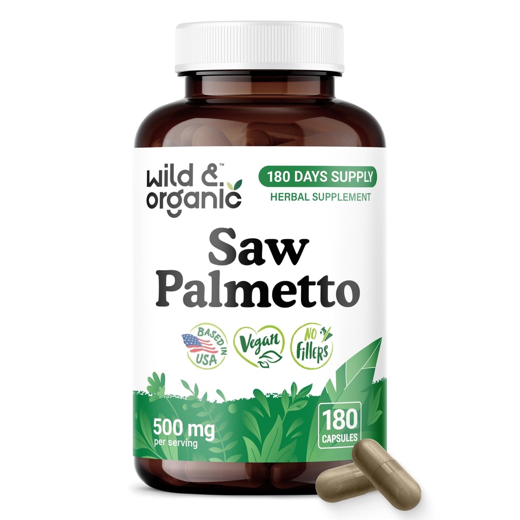 Wild & Organic Saw Palmetto Capsules 500 mg - Urinary Tract Support for Men & Women - Pure Saw Palmetto Supplement - Serenoa Repens Berries - 180 Days of Supply - Vegan, Non-GMO - 180 Count