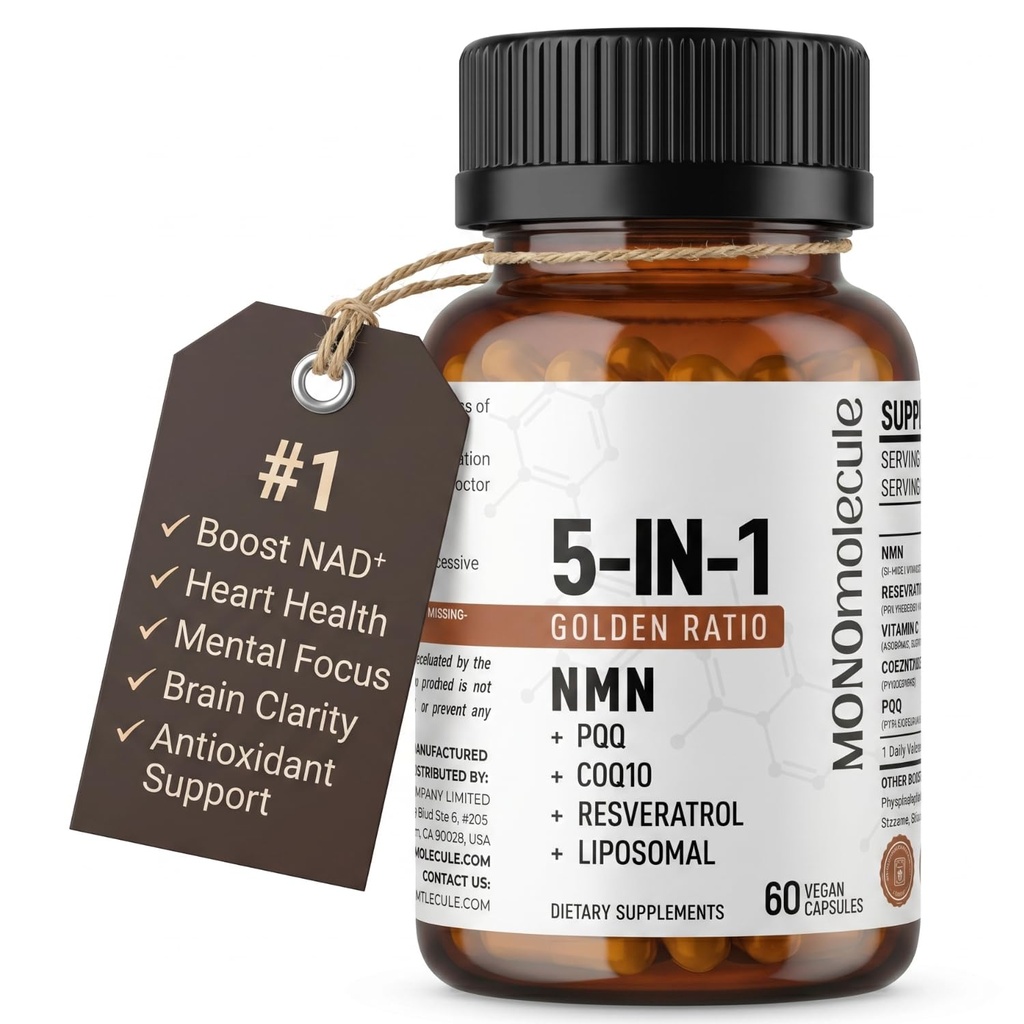 5-In-1 NAD+ Supplement | NMN + Resveratrol + CoQ10 + PQQ + Liposomal, NAD Supplement for Women & Men, Supports Cellular Energy, Heart, Brain and Healthy Aging –Third-Party Tested, 60 Vegan Capsules