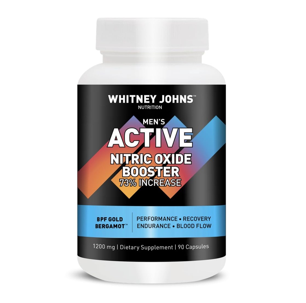Whitney Johns Nutrition Men's Active – Nitric Oxide & Blood Flow Support Supplement – Bergamot, Maca Root, Choline, Magnesium, Zinc – Caffeine-Free, Sugar-Free, Vegan – 30-Day Supply
