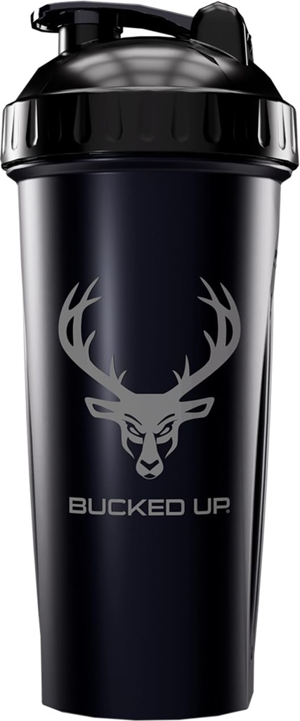 Shaker Bottle for Protein, Pre Workouts and Smoothies, Black Bottle with Gray Buck Logo (28oz)