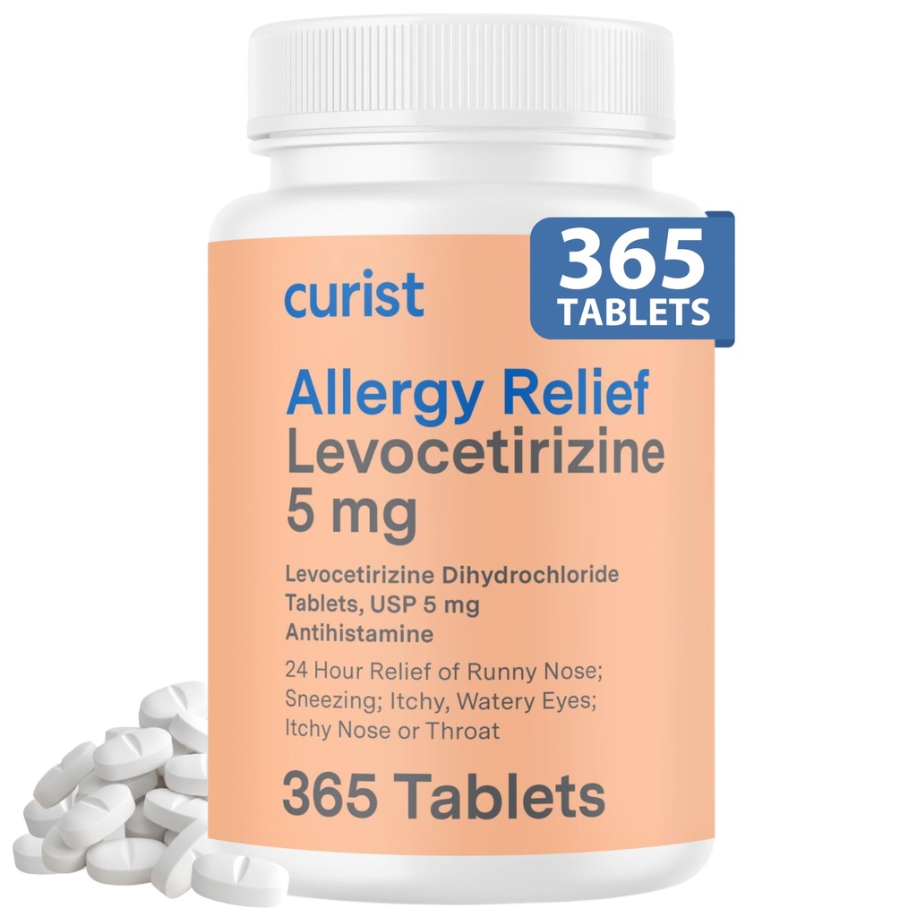 Curist 24 Hour Allergy Relief Tablets Levocetirizine 5 Mg (Bulk 365 Count) Powerful Antihistamines for Adults - Daily Allergy Medicine Combats Sneezing, Runny Nose, Itchy Eyes & Throat