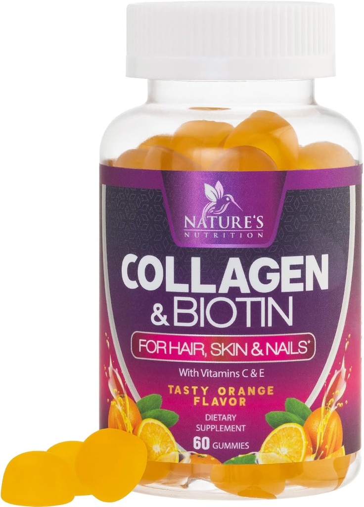 Collagen Gummies con 2500mcg Biotina, Vitamina C & Zinc - Hidrolyzed Collagen Peptide Tipo 1 & 3 Suplemento - Advanced Hair, Skin & Nail Growth Support for Women &amp; Men, Gluten Free, Non-GMO - 60 Con