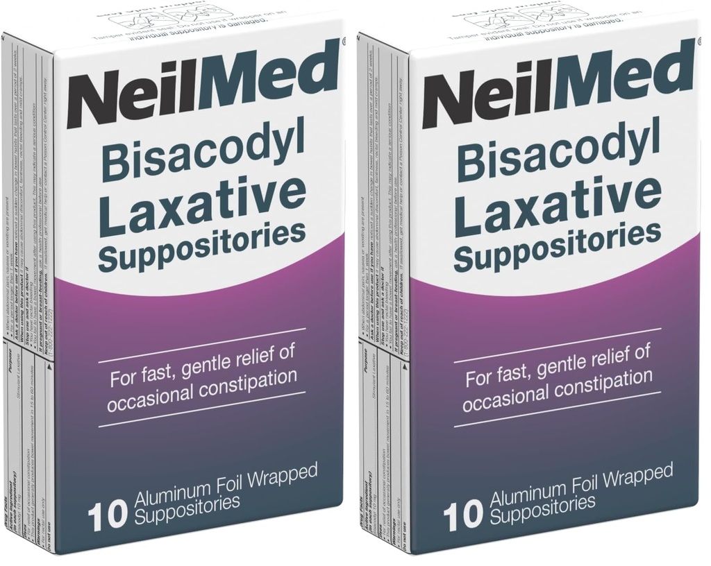NeilMed Bisacodyl Laxative Suppositories, Gentle Constipation Relief, Fast Acting, indivudally Wrapped hygienic Packaging, Bisacodyl 10 mg, Predictable Relief, 10 ct (Pack of 2)