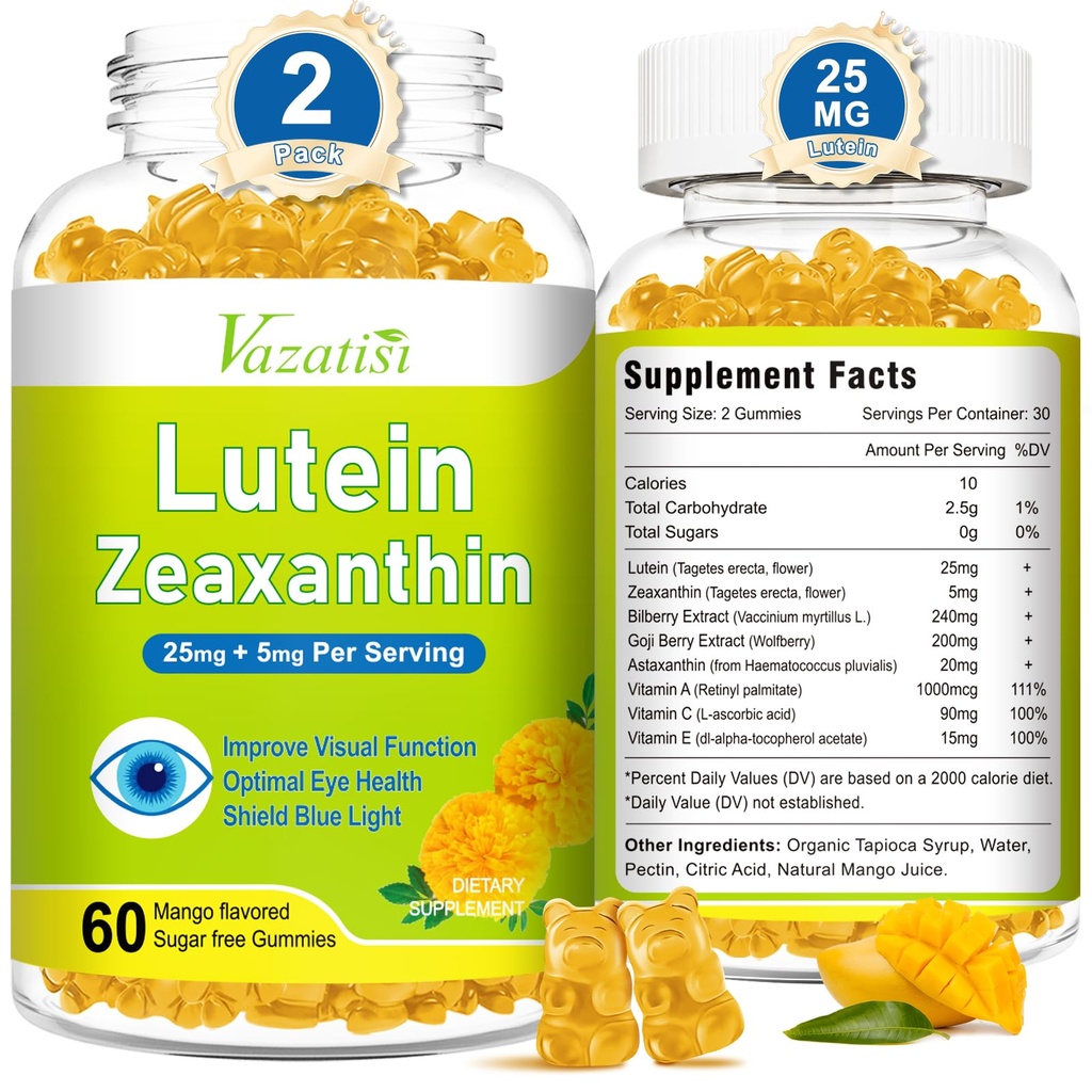 Eye Vitamins Lutein & Zeaxanthin Gummies, Sugar Free Eye Health Supplements with Bilberry, Astaxanthin - Support Blue Light, Visual Function and Macular Health - Mango Flavored, 120 Count