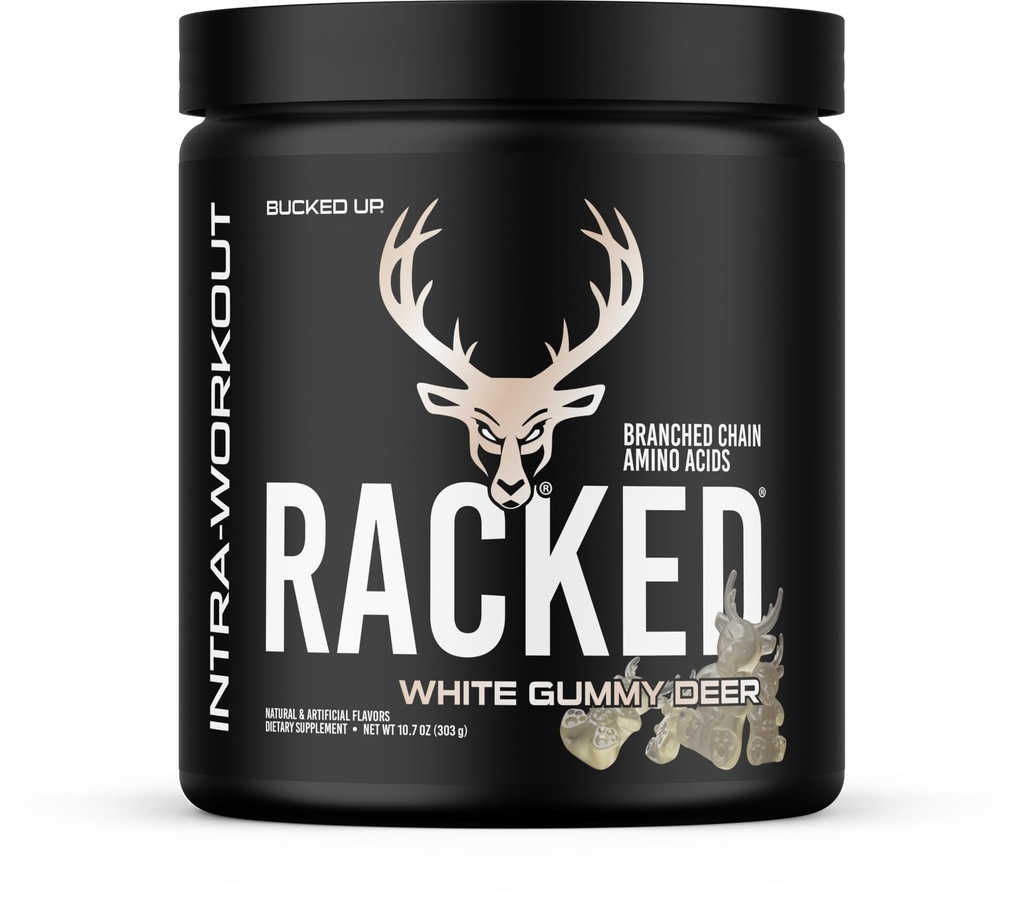 Bucked Up Racked White Gummy Deer | Intra Workout BCAA 2-1-1 Formula with L Carnitine Acetyl L Carnitine Taurine and L Tyrosine | Amino Acid Powder Supplement (30 Servings)