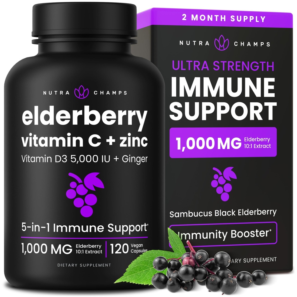 NutraChamps Elderberry with Vitamin C and Zinc - 5 in 1 - Immunity Support Supplement