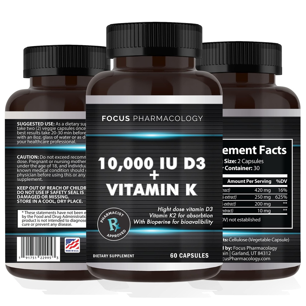 Vitamin K2 with D3 Extra Strength Supplement Bone | Heart Health Non-GMO Formula 10,000 IU Vitamin D3 & 200 mcg Vitamin K2 (MK7) | Easy to Swallow Vitamin K & D, 60 Capsules