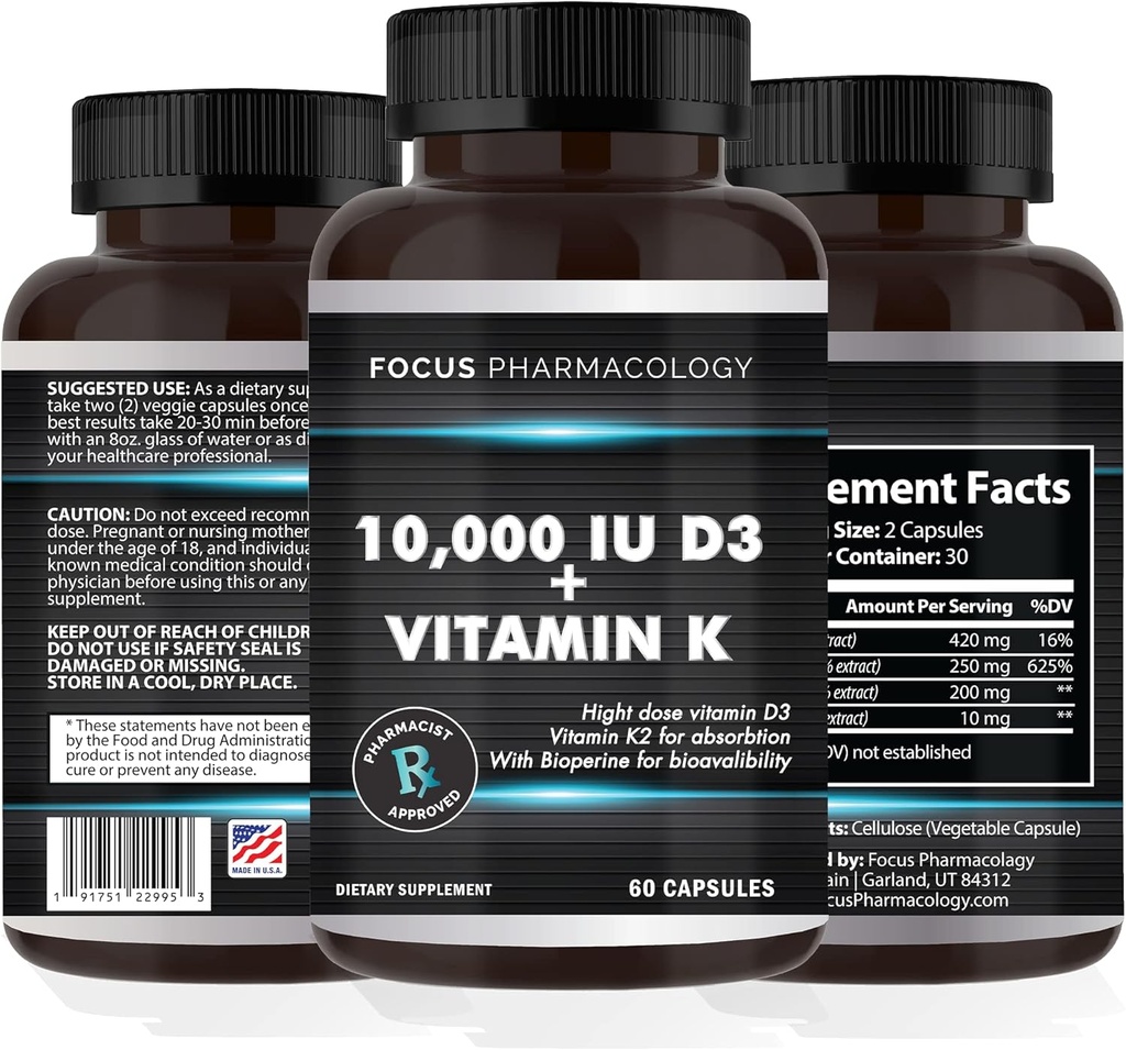 Vitamina K2 con D3 Extra Forza Supplemento Bone | Salute Del Cuore Formula 10.000 IU Vitamina D3 & 200 mcg Vitamina K2 (MK7) | Facile da ingoiare Vitamina K & D, 60 capsule