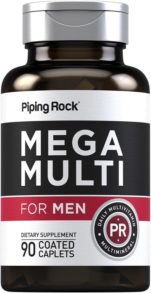 Piping Rock Men's Multivitamin | 90 Caplets | Suplemento multimineral de Mega diarios | con vitamina C, D, magnesio, Zinc | Non-GMO, Gluten Free