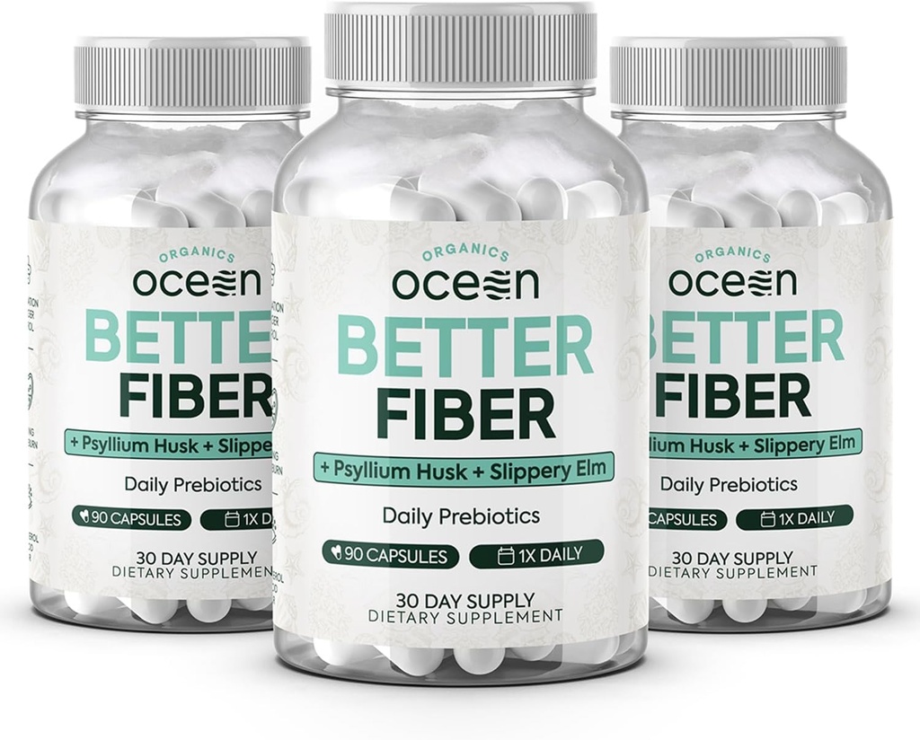 Organikoak Ocean Better Fiber - Daily Fiber Supplement - Soften Stool for Effortless Bowel Movement - Psyllium Hulk eta Slippery Elm - 3 botila