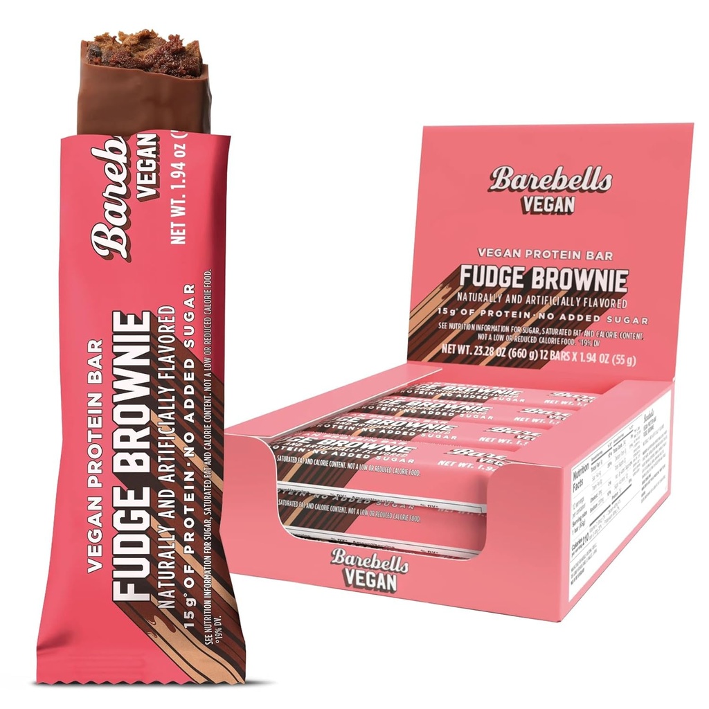 Barebells Vegan Protein Bars Fudge Brownie, Plant Based with High Protein - Chocolate Protein Bars - Perfect on The Go Protein Snack & Breakfast Bars 12 Count (Pack of 1)