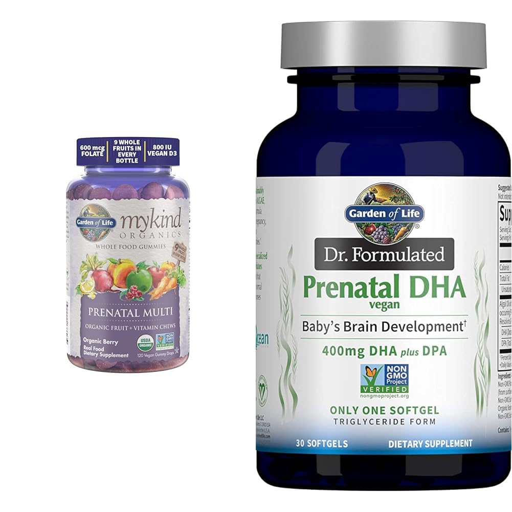 Garden of Life Organics Prenatal Gummies Multivitamin with Vitamin D3, B6, B12, C & Folate & Dr. Formulated Prenatal Vegan DHA - Certified Vegan Omega 3 Supplement