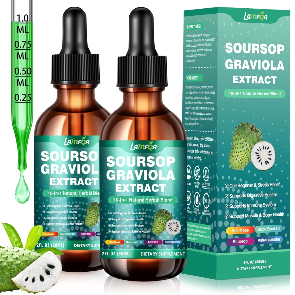 2 Pack Soursop Bitters Liquid 10-in-1 with Ashwagandha, Black Seed Oil & Turmeric, Gotu Kola for Immune Support, Gut Health, Cell Regeneration & Antioxidant, Vegan, Non-GMO, Sugar-Free