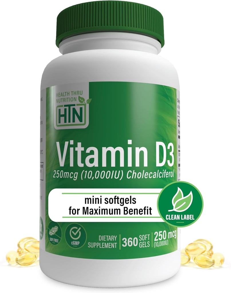 Tervis Thru Toitumine Vitamiin D3 10 000iu 360 Mini Softgels maksimaalse kasu aasta pakkumine | 250mcg Kolekaltsiferool | 3. osapoole testitud | Mitte-GMO USP Grade in Organic EVOO | Immun Health Support