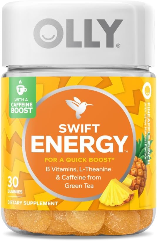 OLLY Swift Energy Gummy, Caffeine from Green Tea, B Vitamins, L Theanine, Adult Chewable Supplement, Pineapple, 10 Day Supply - 30 Count