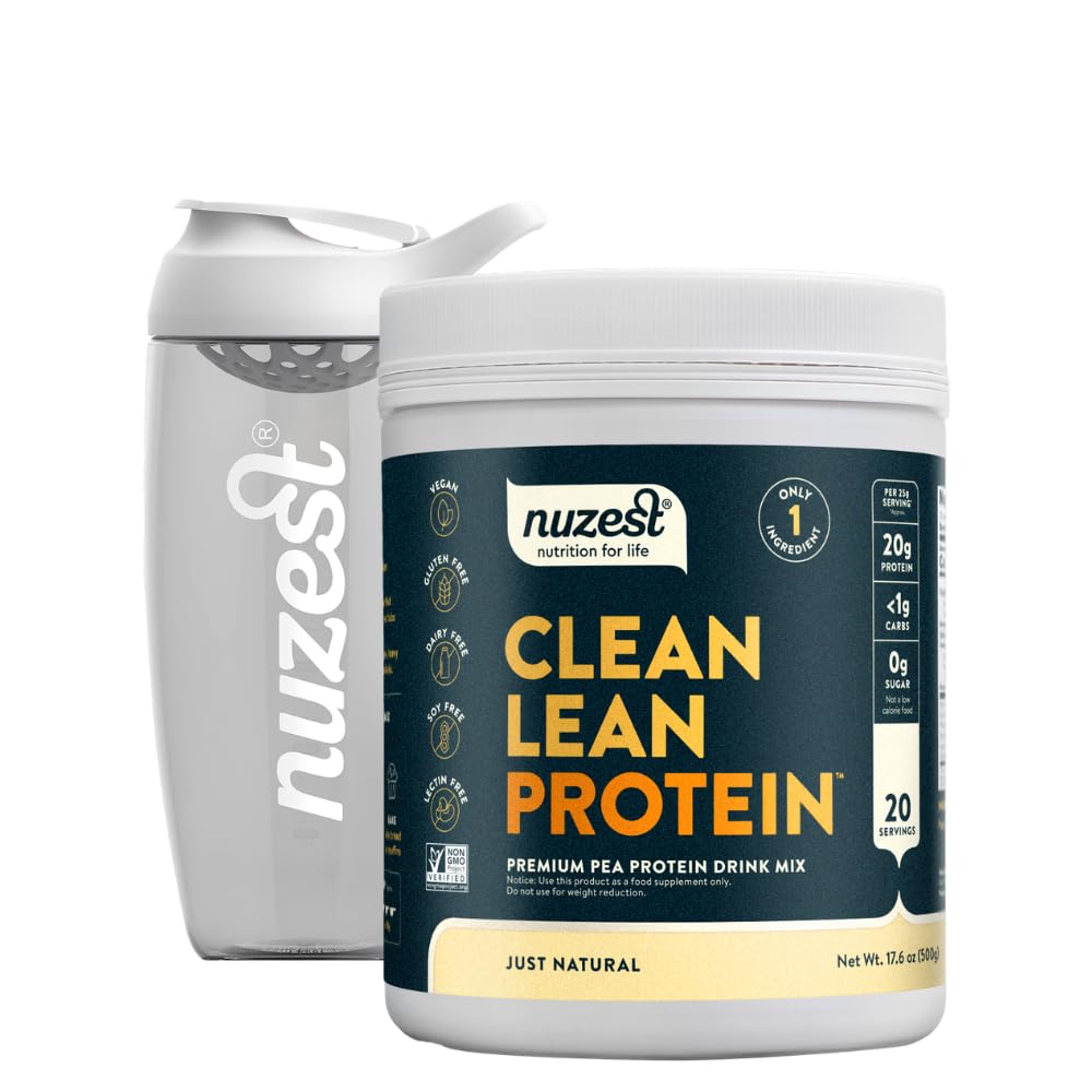 Nuzest Vegan Pea Protein Powder - Clean Lean Protein 20 Servings 20g Protein, Unflavored Protein Shake Mix + Sports Shaker Bottle 24oz