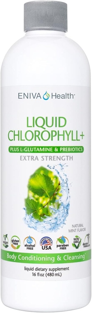 Eniva Health Liquid klorofylli Super Greens 24K MG Prebiootti & L-glutamiini Mint Flavor 