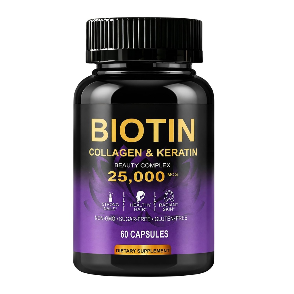 Hair Skin & Nails Vitamins with Biotin 25000mcg – Hair Growth Support with Collagen, Keratin, Hyaluronic Acid & B-Complex (B1 B2 B3 B6 B7) – Third Party Tested – Women & Men – 60 Capsules