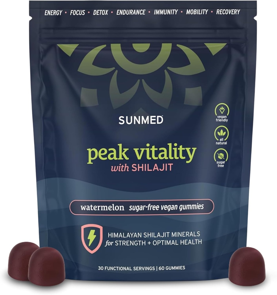 피크 활력 Himalayan Shilajit Gummies 강도, 에너지 및 최선의 건강 – Sugar-Free, Vegan, All-Natural – Cognitive Focus, Recovery, Immunity – 수박 맛, 60ct