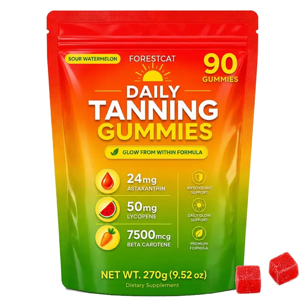 Tanning Gummies, Tanning Gummies for Women, Astaxanthin, Lycopene & Beta Carotene, Sour Watermelon Flavor Gummies, Daily Glow Support Formula, 90 Gummies