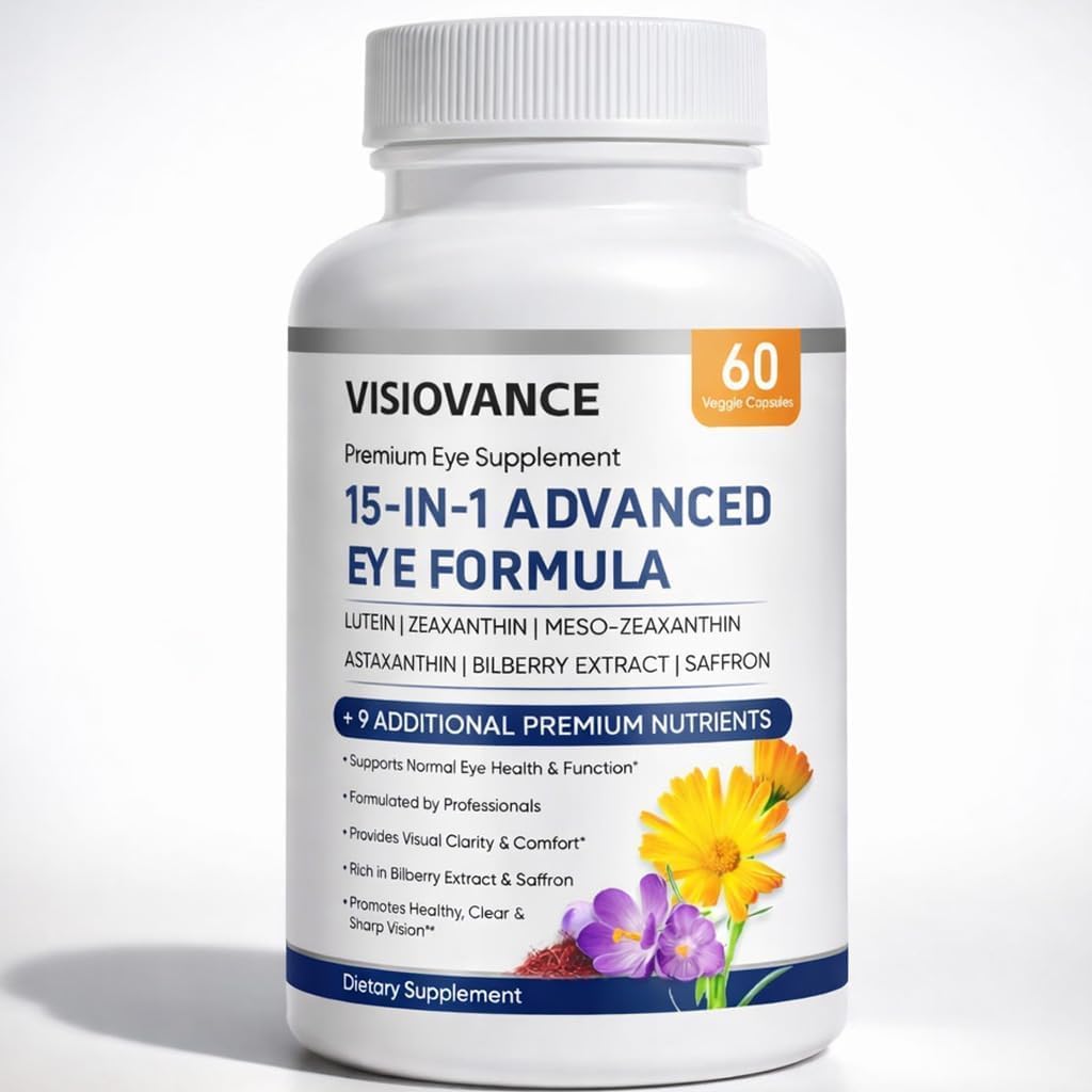 VISIOVANCE 15 in 1 Advanced Eye Formula, Lutein, Carotenoids, Zeaxanthin & Antioxidant Blend, Daily Visual Support Formula for Screen Use & Overall Eye Wellness, 60 Capsules (1)