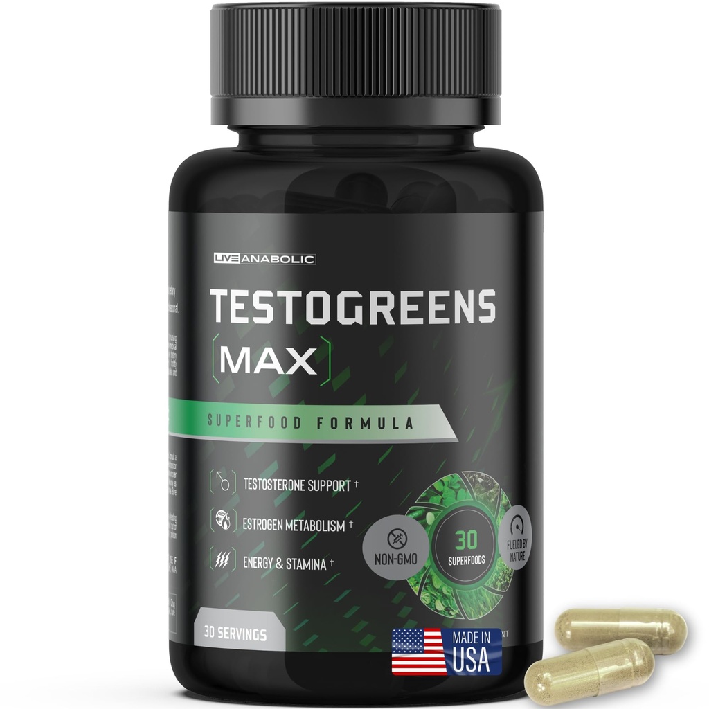 Live Anabolic - TestoGreens Max - Men’s Daily Greens Capsule Supplement, Natural Male Hormone Support, Enhanced Energy & Stamina