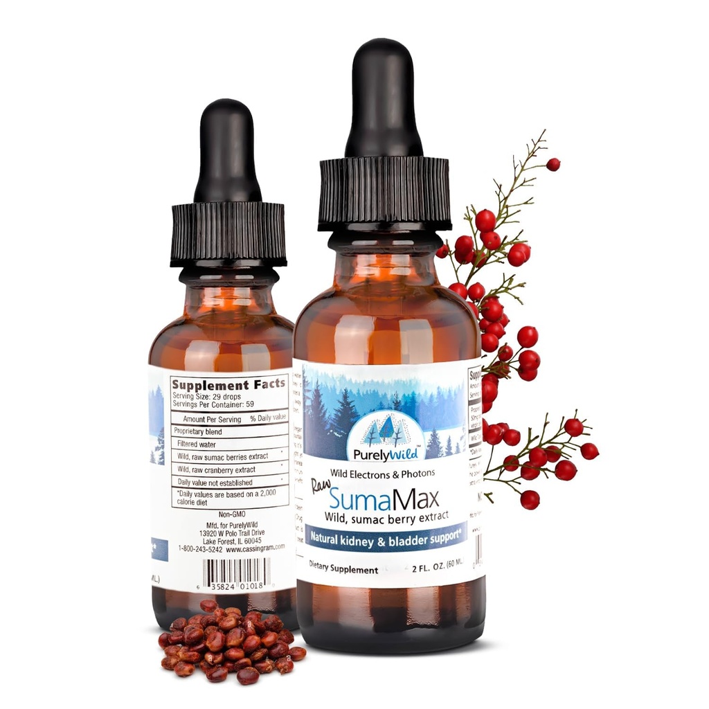 PURELY WILD Sumamax Wild Sumac Berry & Cranberry Concentrate by Dr. Cass Ingram - Urinary Tract, Bladder & Kidney Support - No Sugar, No Sweeteners - Non-GMO Liquid Drops - 2 fl oz Dropper