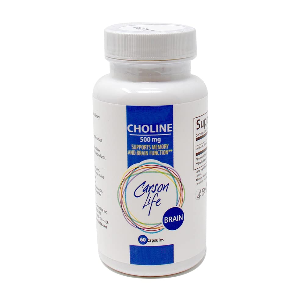 Carson Life Choline 500 mg Capsules - Choline Dietary Supplement - Supports Cognitive & Liver Function - Nervous System Support - Unflavored