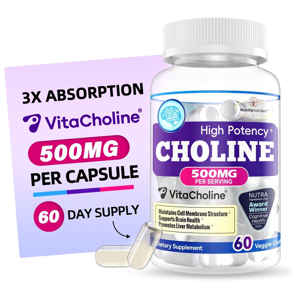 Choline 500mg - Award Winner VitaCholine ® - High Potency Choline Liquid Supplement - Support Cognitive Liver - 60 Capsules