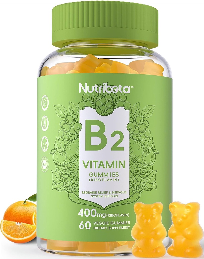 Suikervrij Vitamine B2 Gummies- Riboflavine 400mg 200mg met Magnesium, CoQ10 voor Volwassenen & Kids, Vegan, 60 Tellen