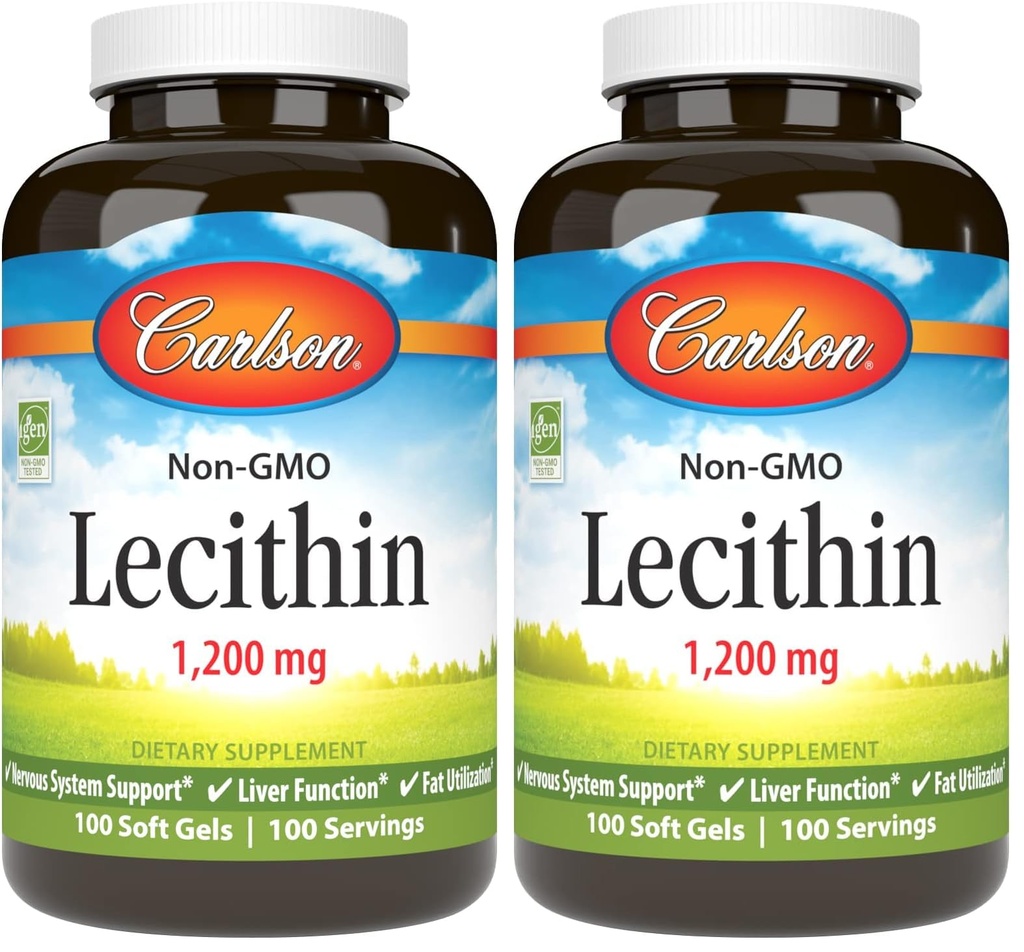 Carlson - Lecithin, Non-GMO, 1200 mg, Nervous System & Liver Function, Unbleached Soy Lecithin, 100 Softgels (Pack of 2)