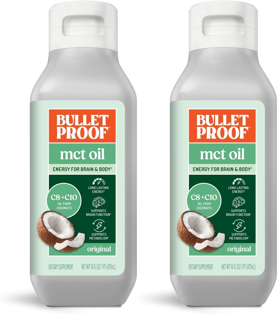 Bulletproof C8 & C10 MCT Oil, 100% Pure Coconut Oil, Triple-Distilled for Sustained Keto Energy, Unflavored, No Additives or Fillers, Non-GMO, 16 oz (Pack of 2)