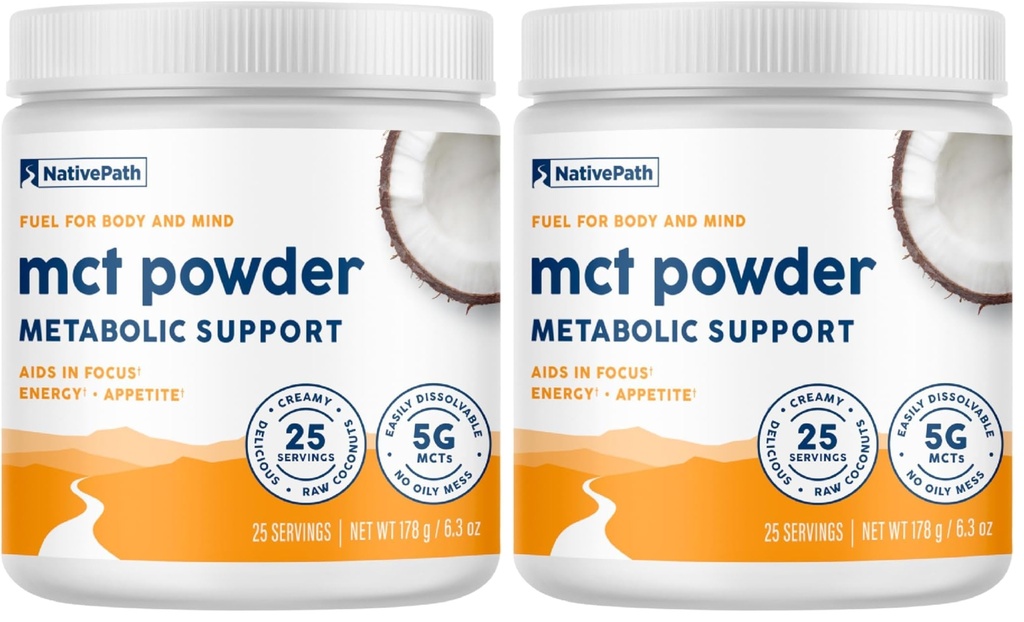 NativePath MCT Oil Powder Supplement - Unflavored MCT Powder with Keto-Friendly C8 MCTs. Free of Dairy, Gluten and GMOs, 25 Servings (Pack of 2)